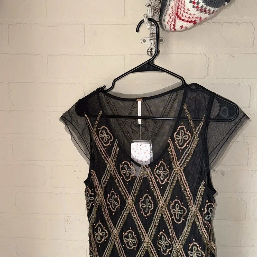 Free people shirt tulle raw pleated hem embroidered top beaded embroidery
